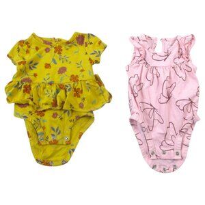 Lot of 2 Carter's Onesies Bodysuits Baby Girls 3 Month Pink Yellow Floral Ruffle